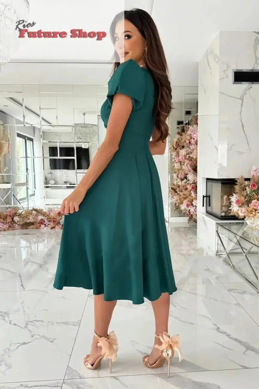 Surplice Puff Sleeve Midi Dress - Rios Future Shop