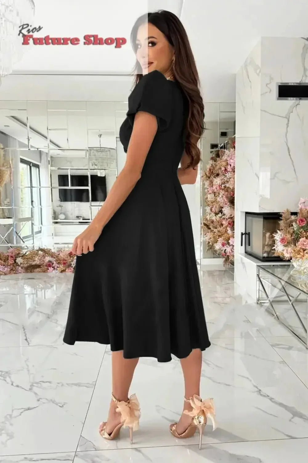 Surplice Puff Sleeve Midi Dress - Rios Future Shop