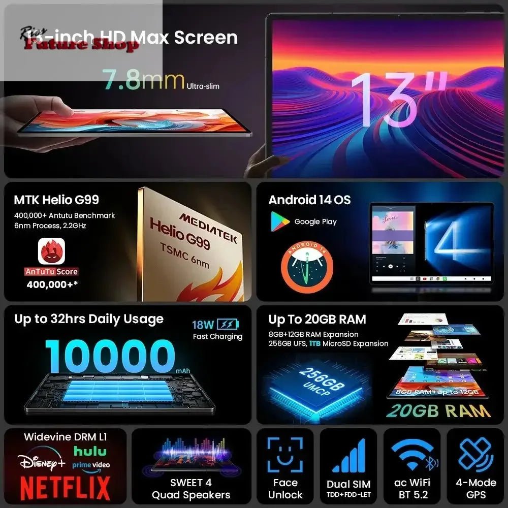 T65 Max 13" HD Display Android 14 Tablet MediaTek - Rios Future Shop