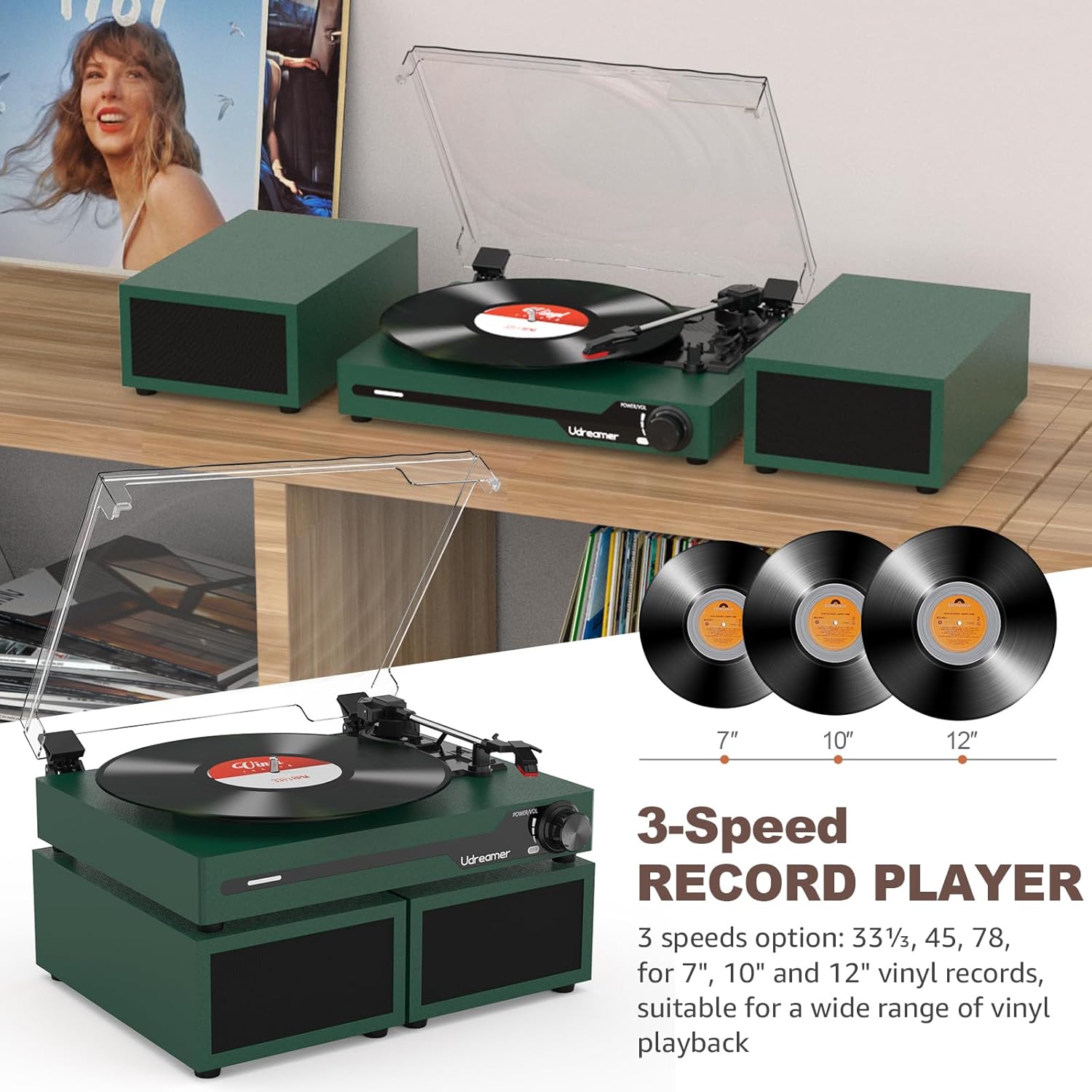 Udreamer Tocadiscos con 2 Altavoces Estéreo Duales, Vintage Tocadiscos con Bluetooth 5.3 Compatible 3 Velocidades, Entrada Auxiliar, Línea RCA, USB, Reproducción Inalámbrica, Verde