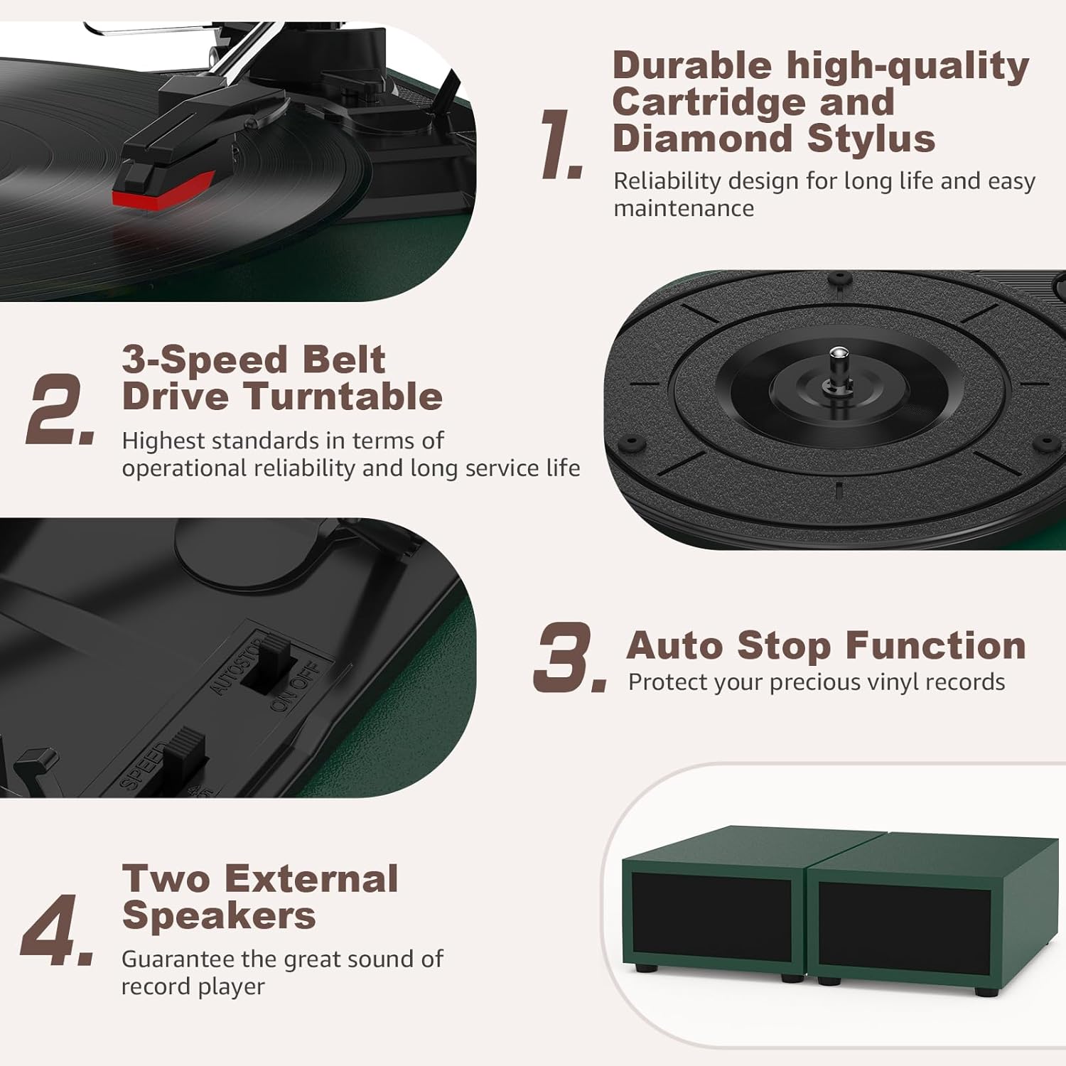 Udreamer Tocadiscos con 2 Altavoces Estéreo Duales, Vintage Tocadiscos con Bluetooth 5.3 Compatible 3 Velocidades, Entrada Auxiliar, Línea RCA, USB, Reproducción Inalámbrica, Verde