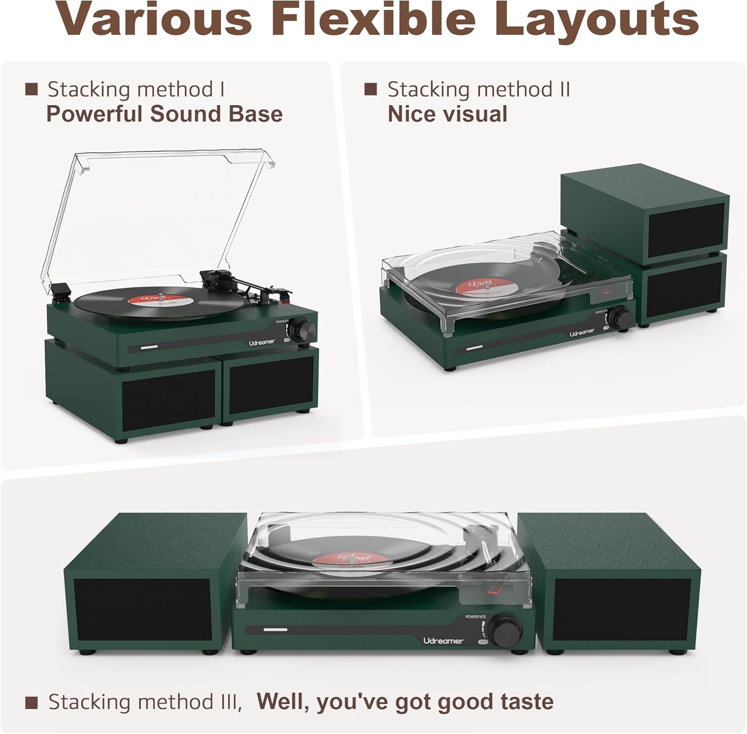 Udreamer Tocadiscos con 2 Altavoces Estéreo Duales, Vintage Tocadiscos con Bluetooth 5.3 Compatible 3 Velocidades, Entrada Auxiliar, Línea RCA, USB, Reproducción Inalámbrica, Verde