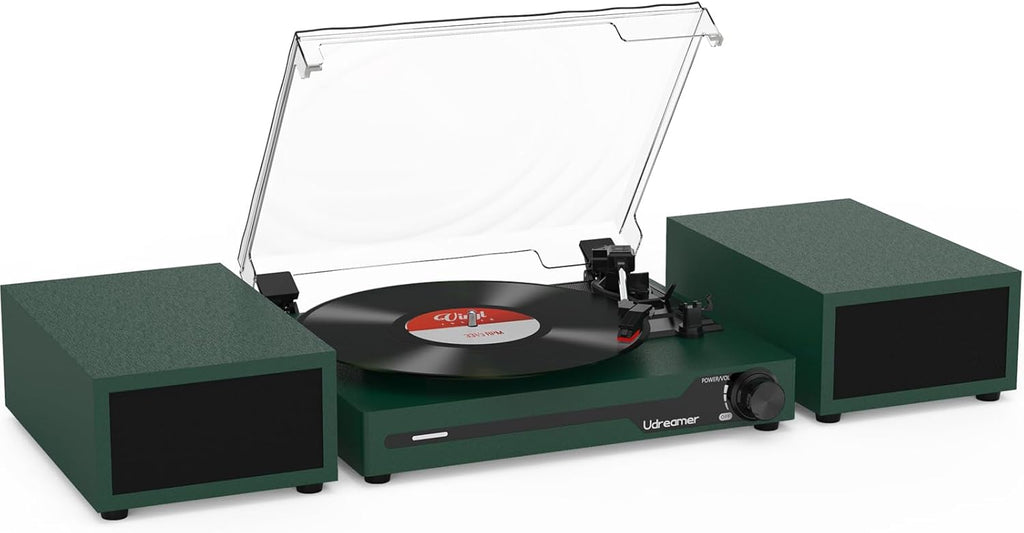 Udreamer Tocadiscos con 2 Altavoces Estéreo Duales, Vintage Tocadiscos con Bluetooth 5.3 Compatible 3 Velocidades, Entrada Auxiliar, Línea RCA, USB, Reproducción Inalámbrica, Verde
