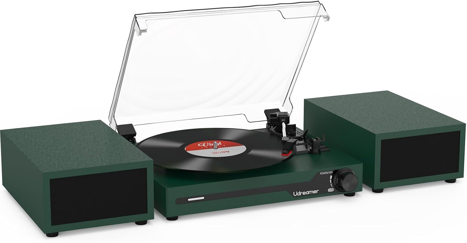 Udreamer Tocadiscos con 2 Altavoces Estéreo Duales, Vintage Tocadiscos con Bluetooth 5.3 Compatible 3 Velocidades, Entrada Auxiliar, Línea RCA, USB, Reproducción Inalámbrica, Verde