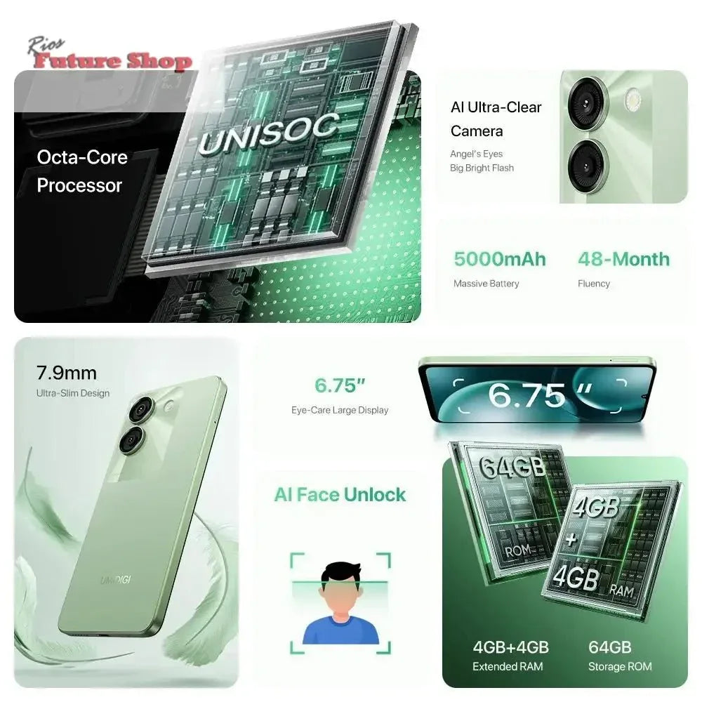 UMIDIGI G9A Android 14 Smartphone Octa-core 13MP Camera 64GB 6.75” Water Drop HD+ 5000mAh Battery Dual SIM Card Cellphone - Rios Future Shop
