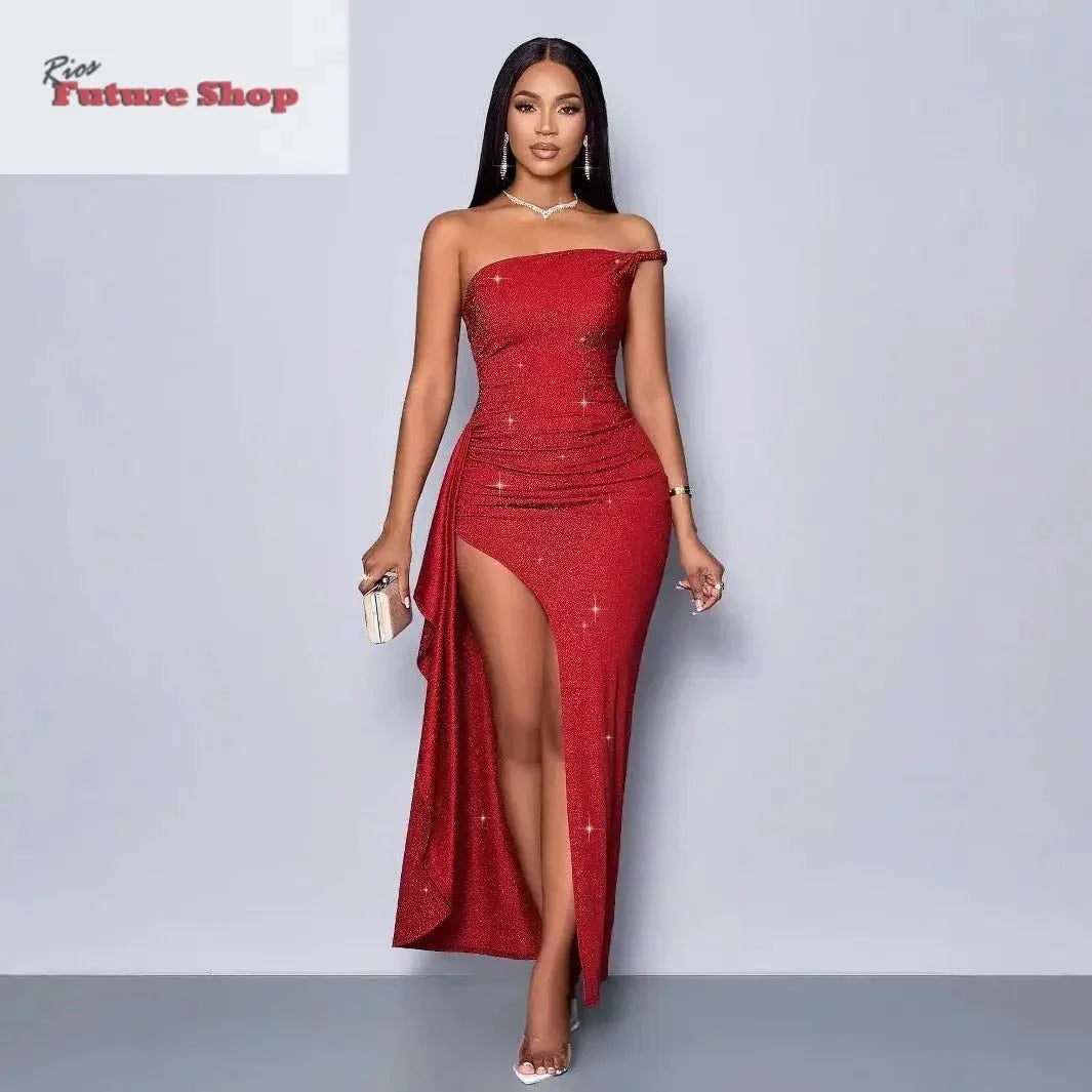 Vestido vermelho luminoso com alças assimétricas e racha lateral - Rios Future Shop
