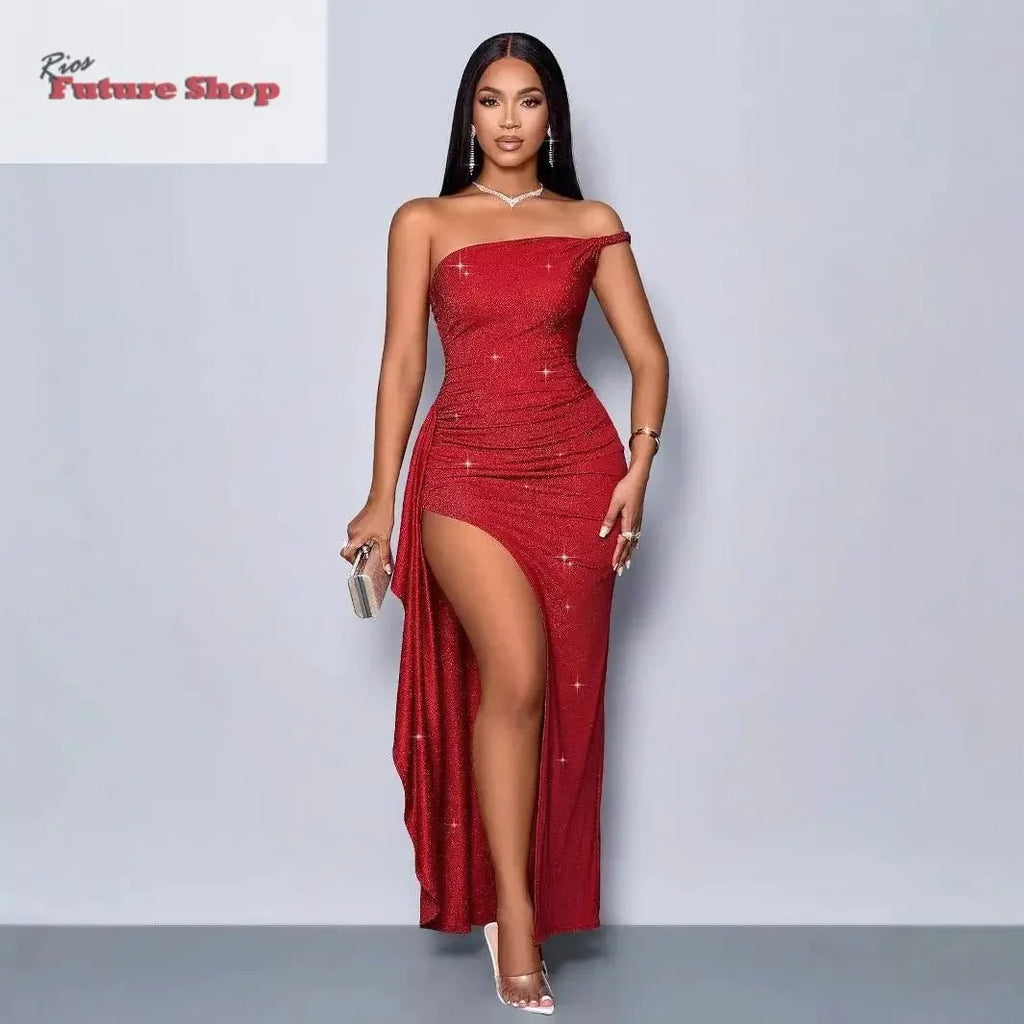 Vestido vermelho luminoso com alças assimétricas e racha lateral - Rios Future Shop