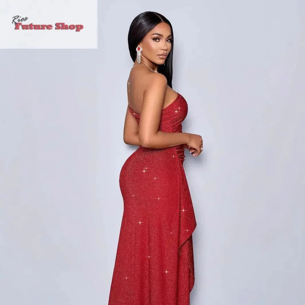 Vestido vermelho luminoso com alças assimétricas e racha lateral - Rios Future Shop