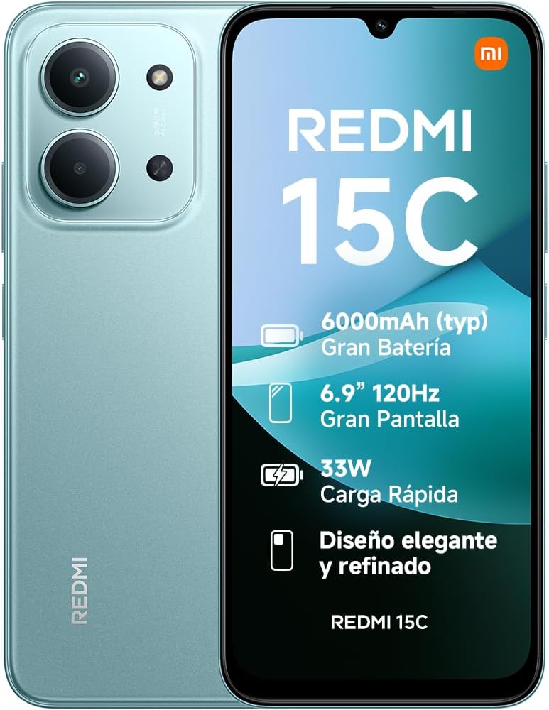 XIAOMI Redmi 15C - Smartphone de 4+128GB, Cámara Dual con IA de 50 MP, Pantalla inmersiva de 6,9" 120 Hz, Potente procesador octacore, Carga rápida de 33W, Cargador no Incluido, Verde (Versión ES)