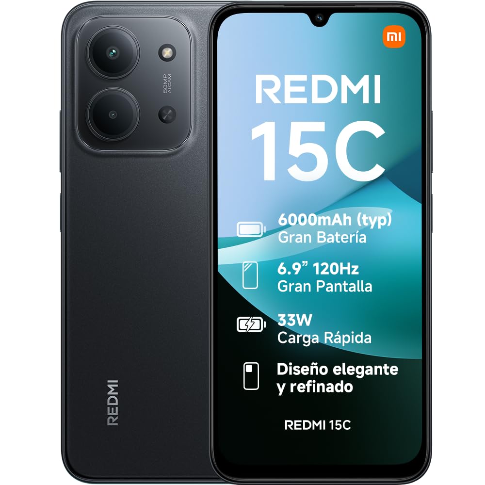 XIAOMI Redmi 15C - Smartphone de 4+128GB, Cámara Dual con IA de 50 MP, Pantalla inmersiva de 6,9" 120 Hz, Potente procesador octacore, Carga rápida de 33W, Cargador no Incluido, Verde (Versión ES)