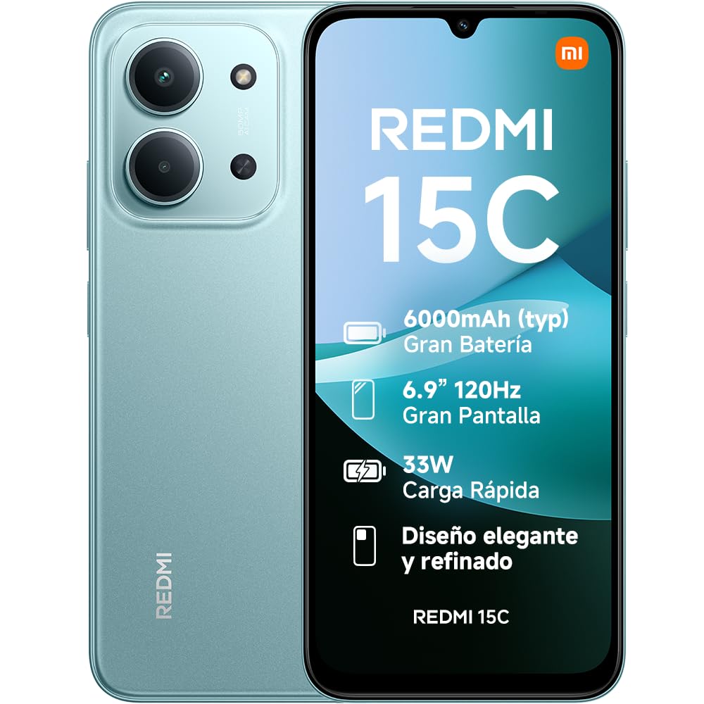 XIAOMI Redmi 15C - Smartphone de 4+128GB, Cámara Dual con IA de 50 MP, Pantalla inmersiva de 6,9" 120 Hz, Potente procesador octacore, Carga rápida de 33W, Cargador no Incluido, Verde (Versión ES)