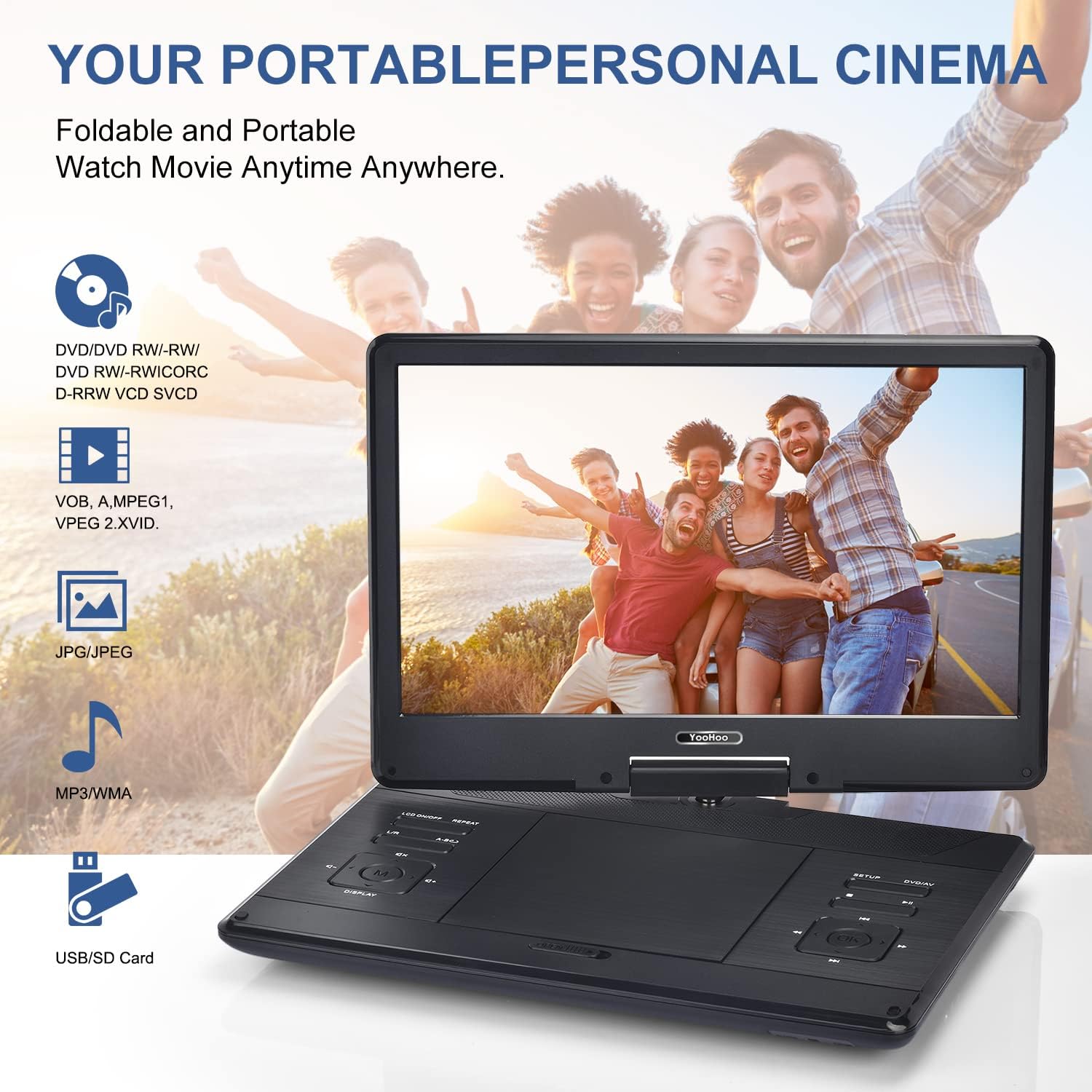 YOOHOO 16.9 Inch Portable DVD Player with 14.1 Inch Rotating Large Screen, Portable DVD Player with Rechargeable Battery for Kids Mobile Phone,Black